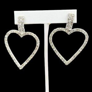 Rhinestone Heart Post Pierced Earrings Bling & Elegance Silvertone Dangle